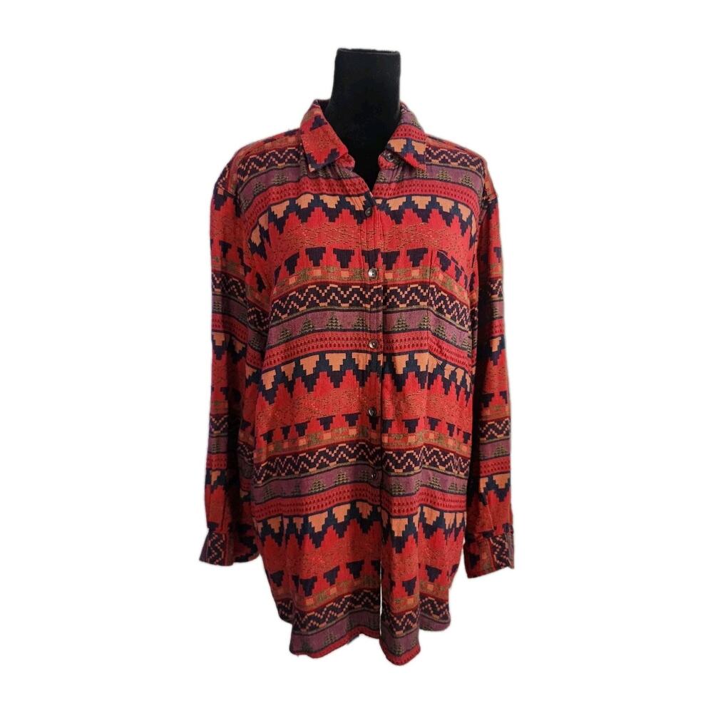 Chicos Design Shirt Womens Size 2 Red Southwest Aztec American Print Button Up